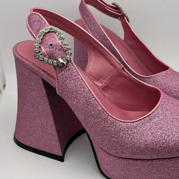 Sugar Thrillz Paradise Heart Pink Glitter Platform Heels with Heart clasp Size 7 - Picture 5 of 11